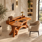 Rustic Live Edge Writing Desk With Carved Root Base For Study Room
