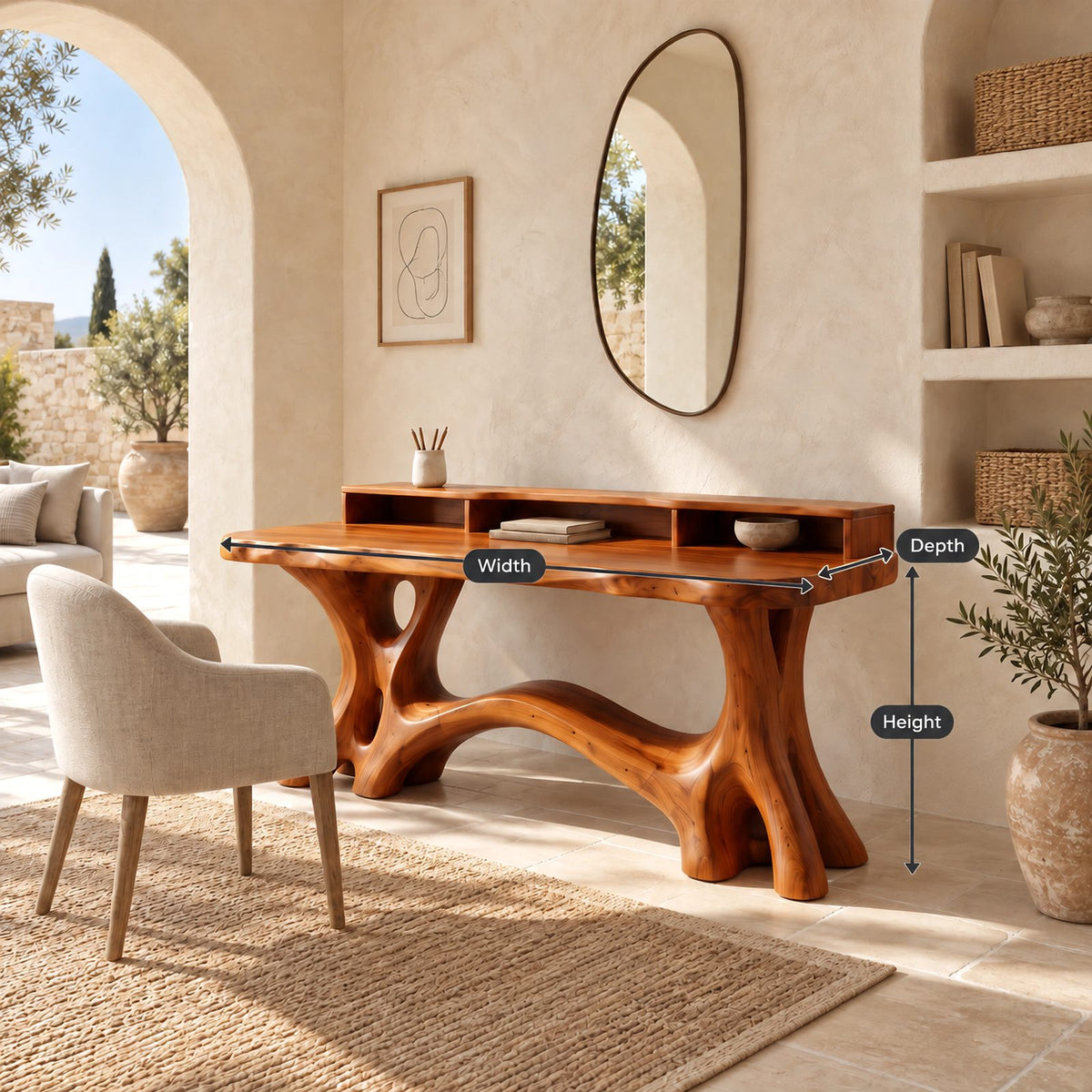 Rustic Live Edge Writing Desk With Carved Root Base For Study Room