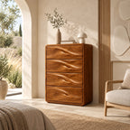 Nordic Tall Wooden Chest With Sculpted Wave Pulls For Bedroom