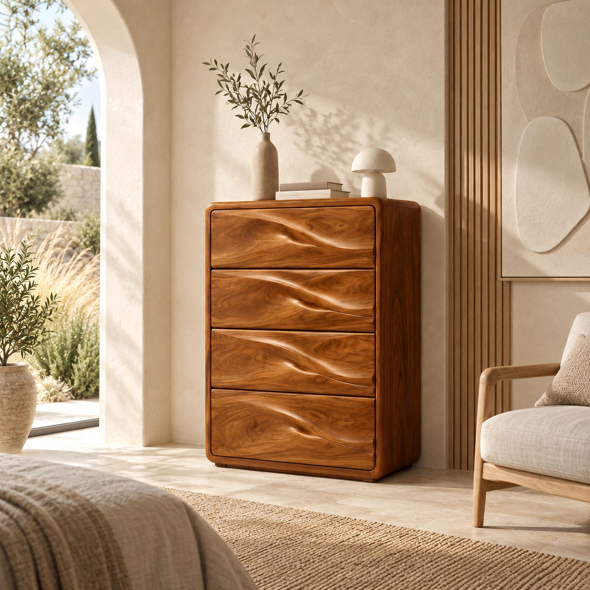 Nordic Tall Wooden Chest With Sculpted Wave Pulls For Bedroom