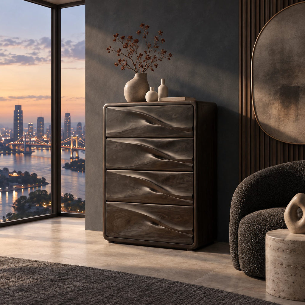 Nordic Tall Wooden Chest With Sculpted Wave Pulls For Bedroom