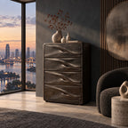Nordic Tall Wooden Chest With Sculpted Wave Pulls For Bedroom