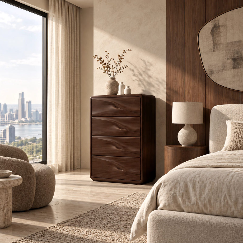 Nordic Tall Wooden Chest With Sculpted Wave Pulls For Bedroom