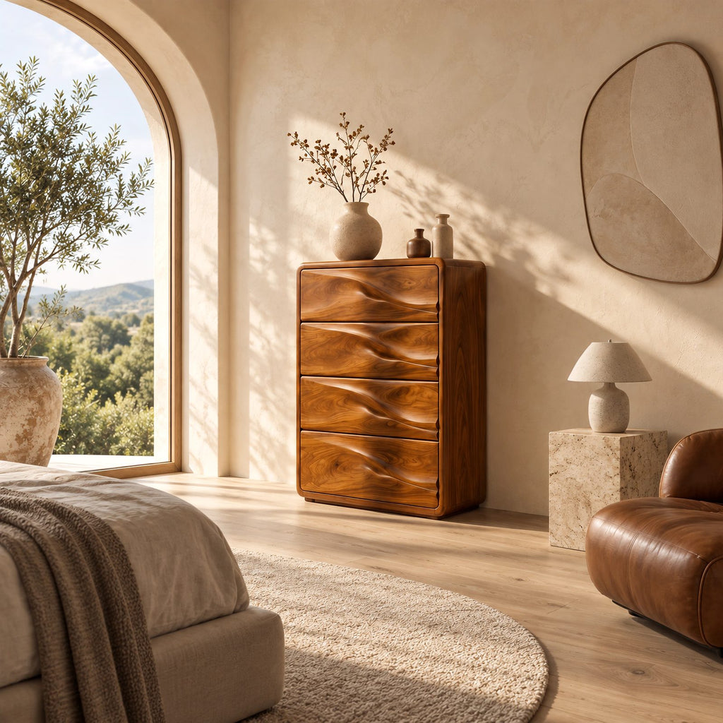 Nordic Tall Wooden Chest With Sculpted Wave Pulls For Bedroom