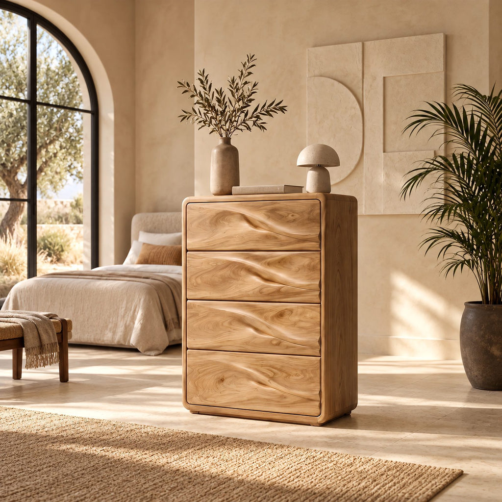 Nordic Tall Wooden Chest With Sculpted Wave Pulls For Bedroom