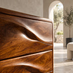Nordic Tall Wooden Chest With Sculpted Wave Pulls For Bedroom