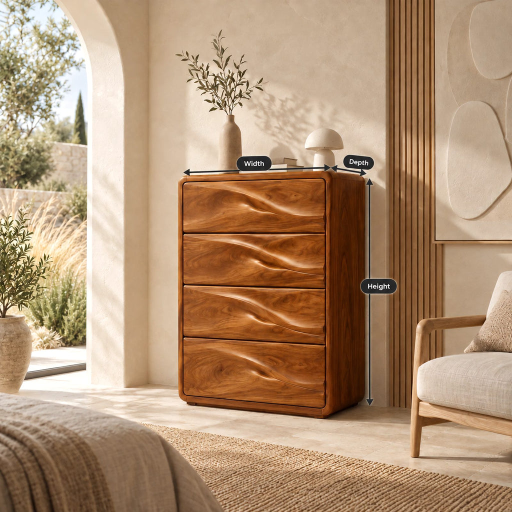 Nordic Tall Wooden Chest With Sculpted Wave Pulls For Bedroom