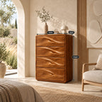 Nordic Tall Wooden Chest With Sculpted Wave Pulls For Bedroom