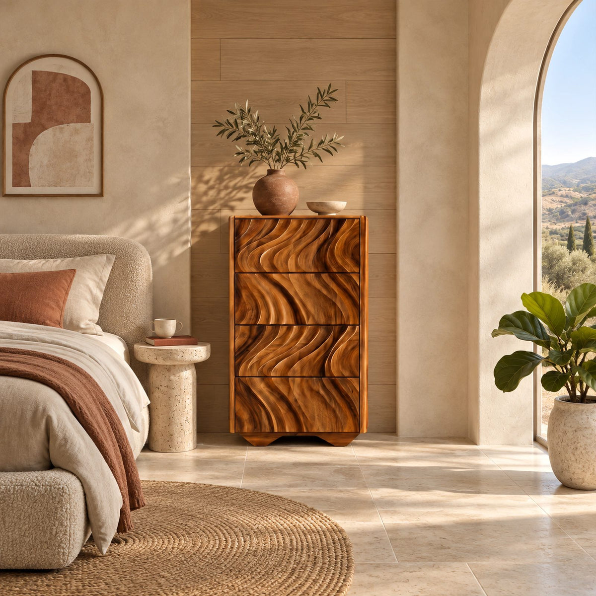 Contemporary Tall Chest Of Drawers With Flowing Wave Relief For Bedroom