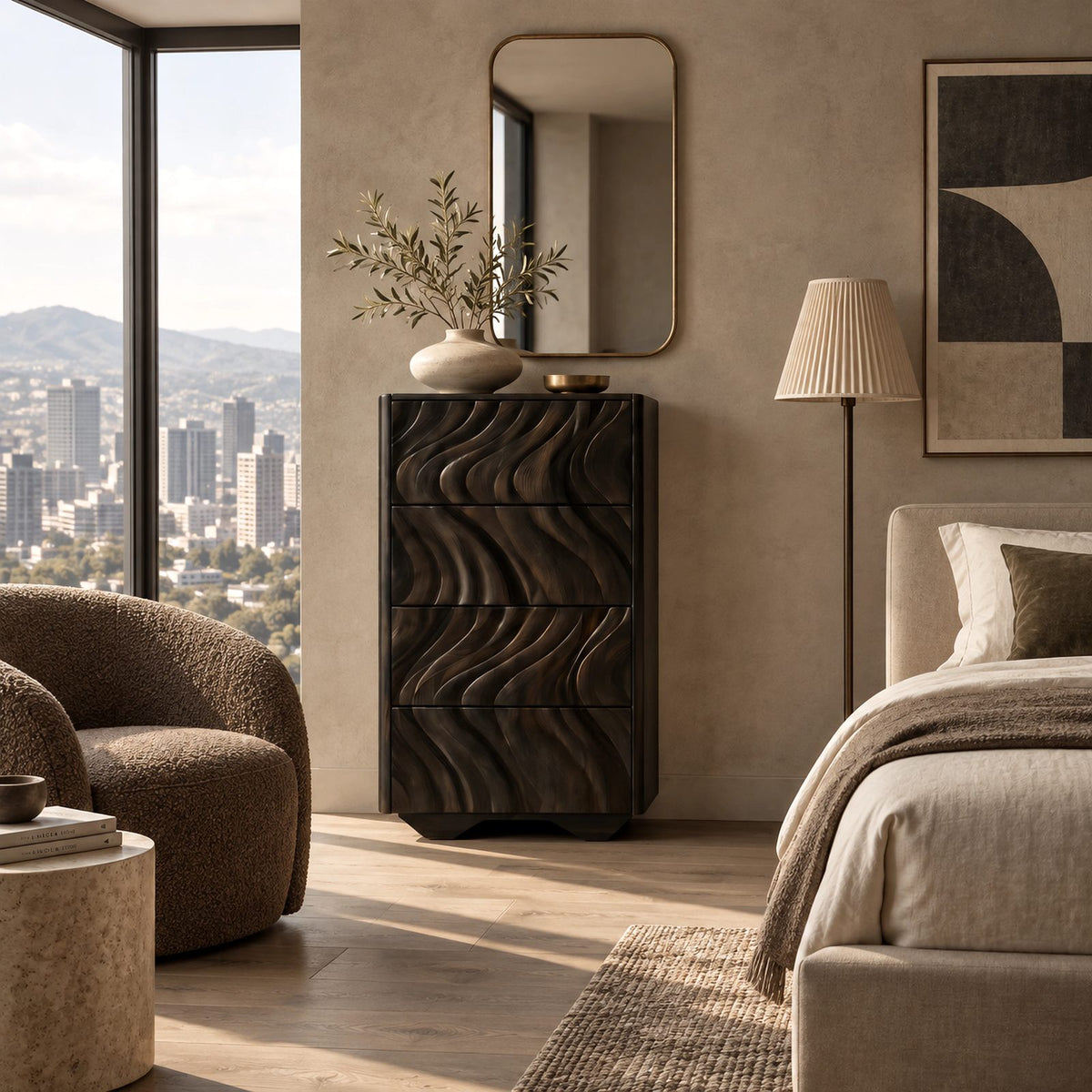 Contemporary Tall Chest Of Drawers With Flowing Wave Relief For Bedroom