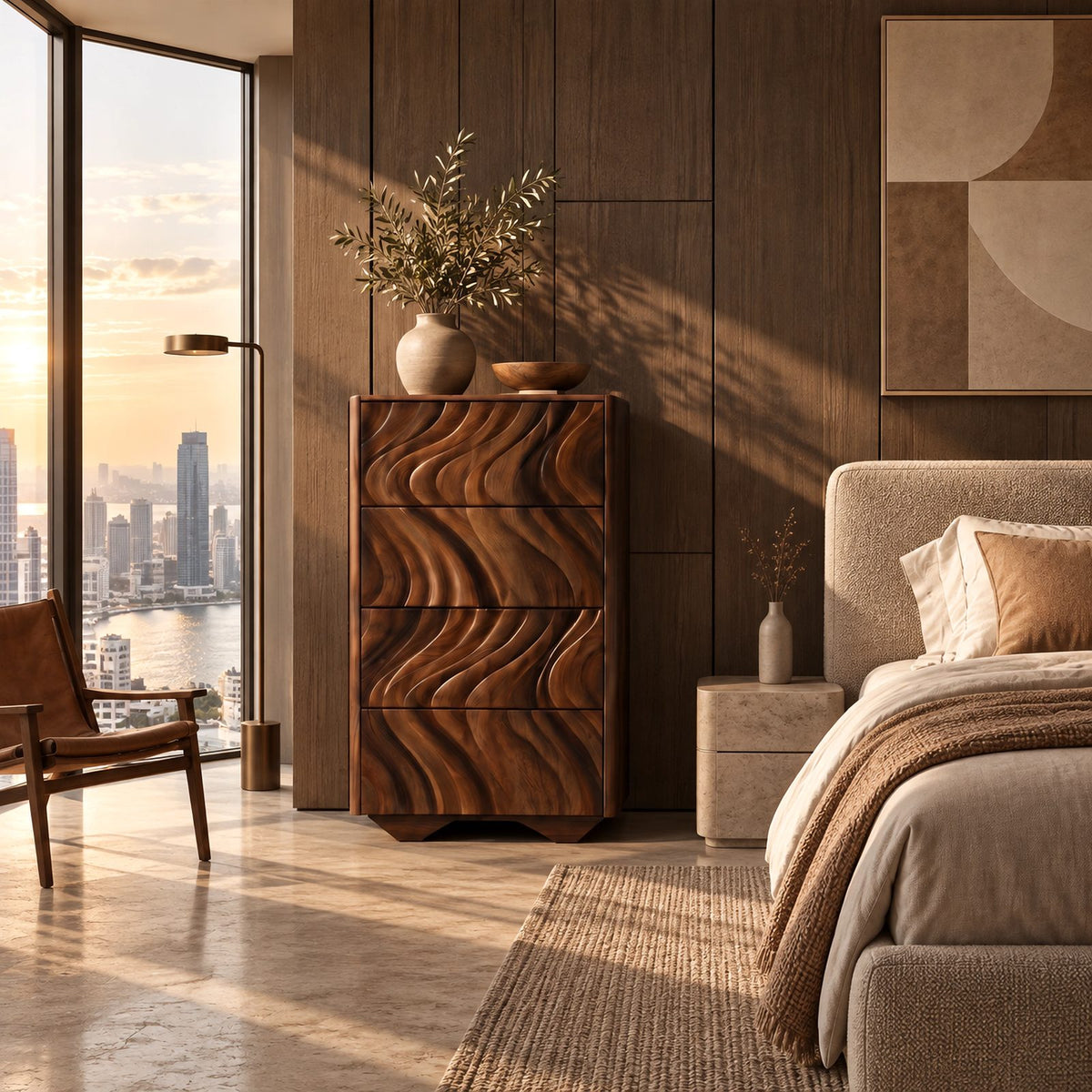 Contemporary Tall Chest Of Drawers With Flowing Wave Relief For Bedroom