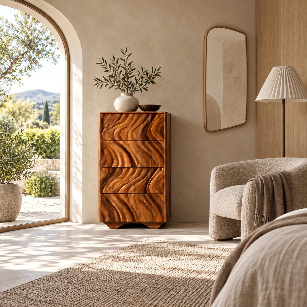 Contemporary Tall Chest Of Drawers With Flowing Wave Relief For Bedroom