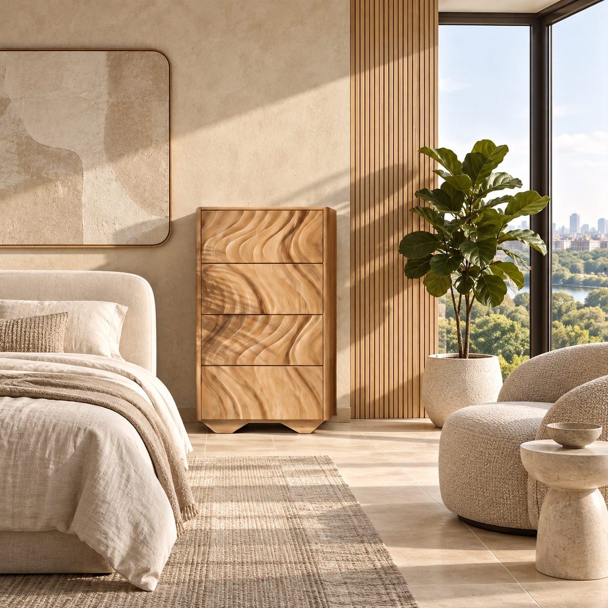 Contemporary Tall Chest Of Drawers With Flowing Wave Relief For Bedroom