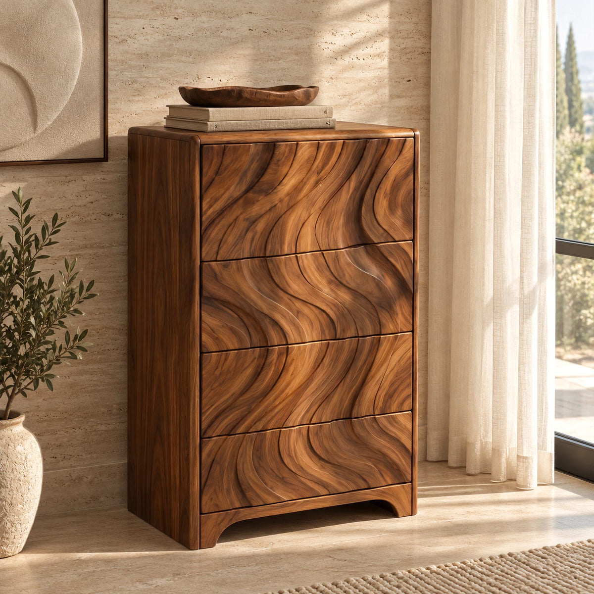 Contemporary Tall Chest Of Drawers With Flowing Wave Relief For Bedroom