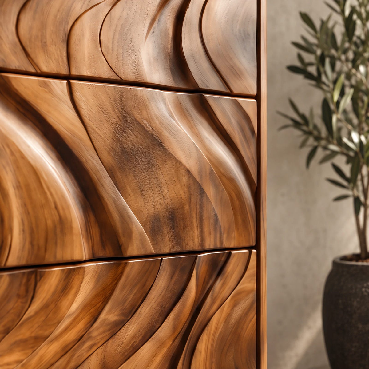 Contemporary Tall Chest Of Drawers With Flowing Wave Relief For Bedroom