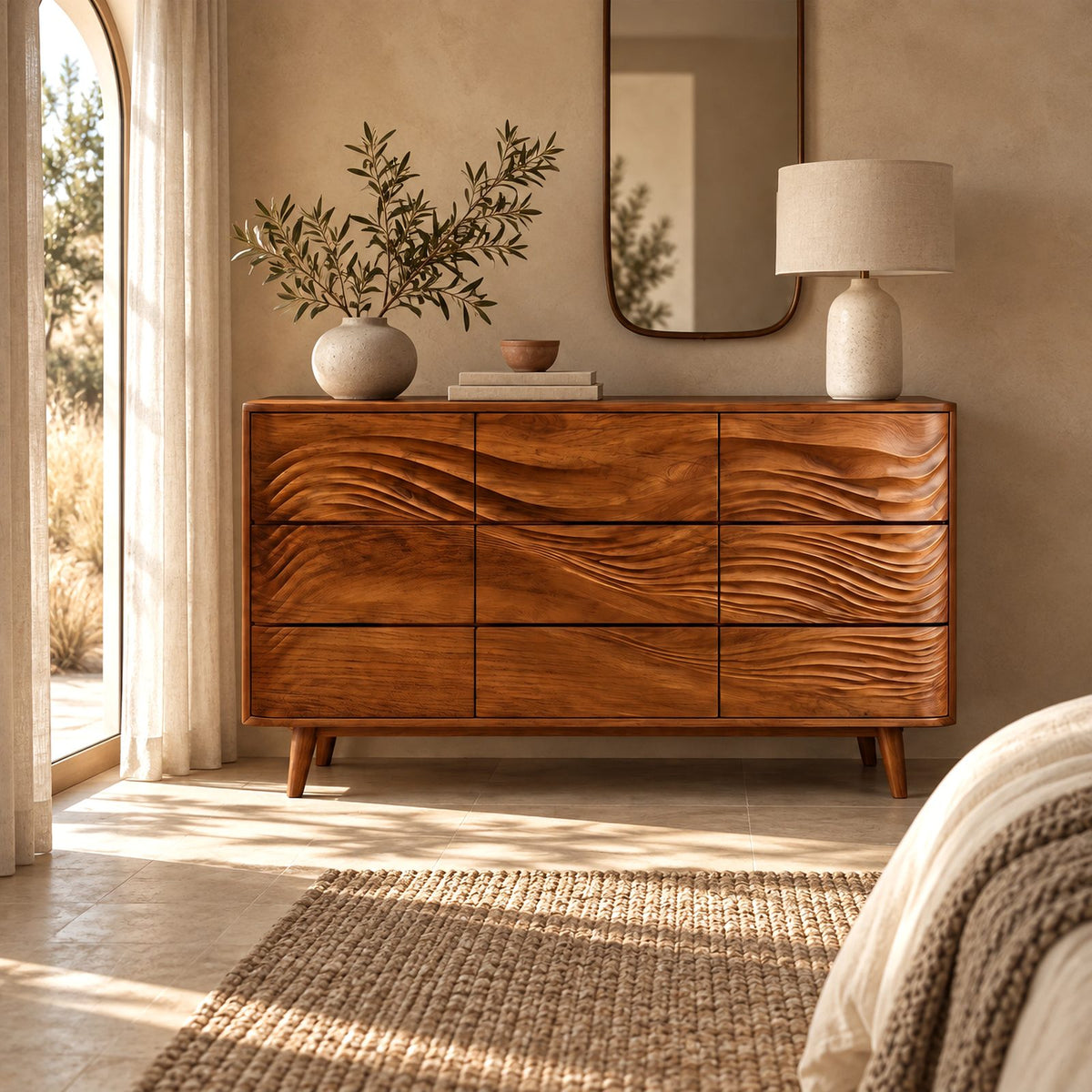 Mid Century Wave Carved Dresser With Tapered Legs For Bedroom