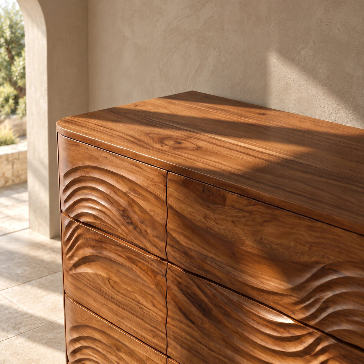 Mid Century Wave Carved Dresser With Tapered Legs For Bedroom