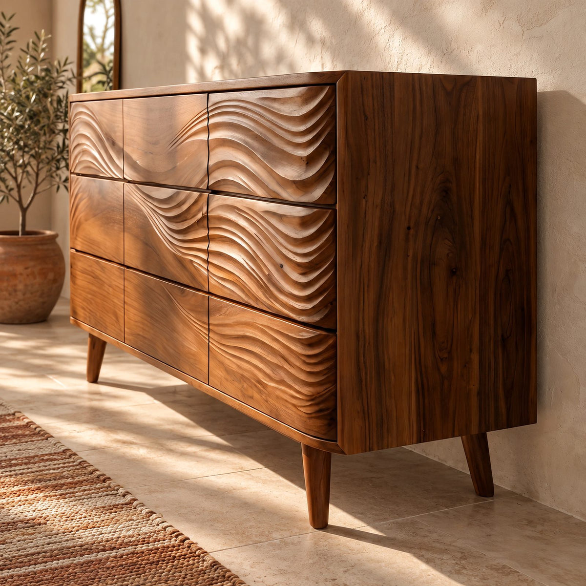 Mid Century Wave Carved Dresser With Tapered Legs For Bedroom
