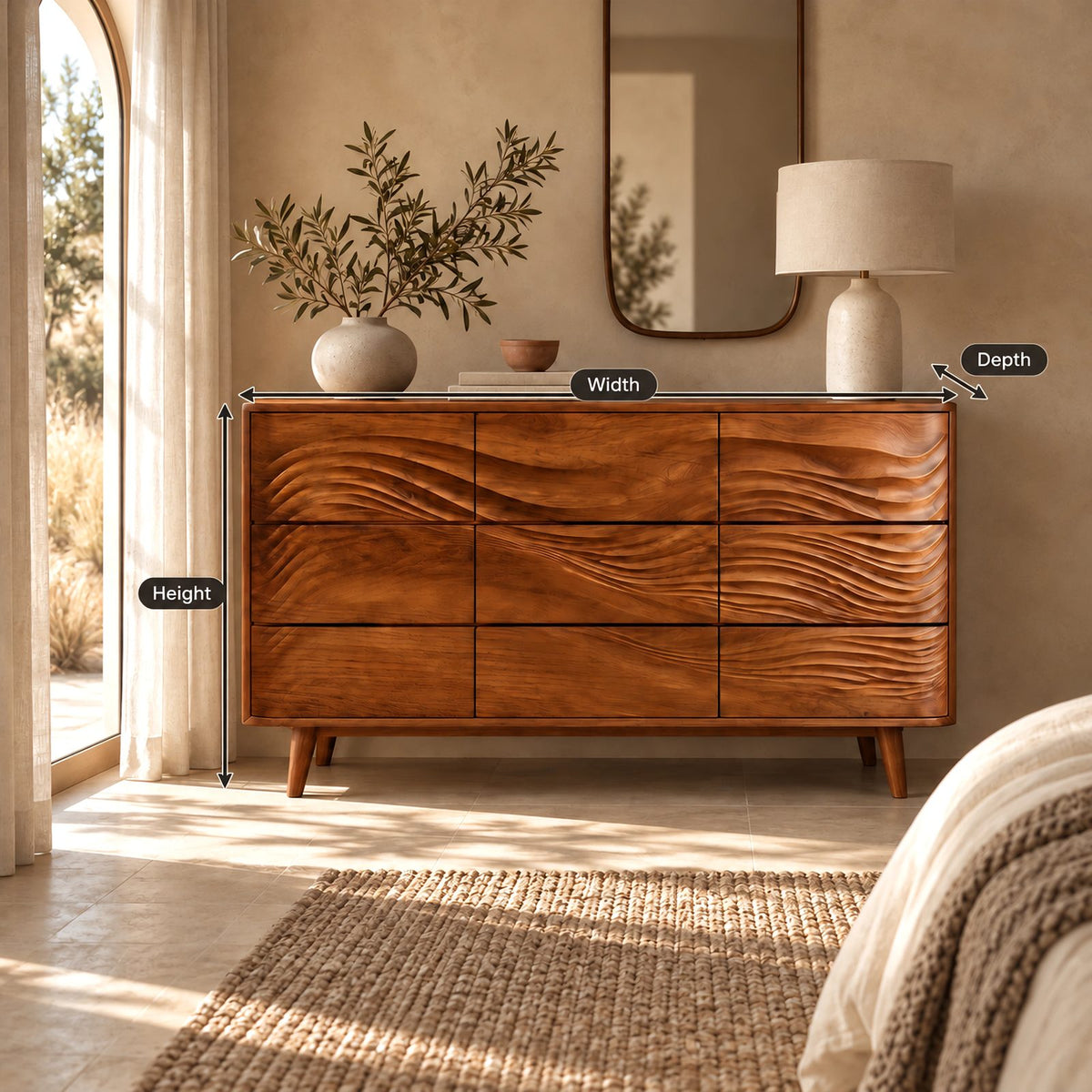 Mid Century Wave Carved Dresser With Tapered Legs For Bedroom