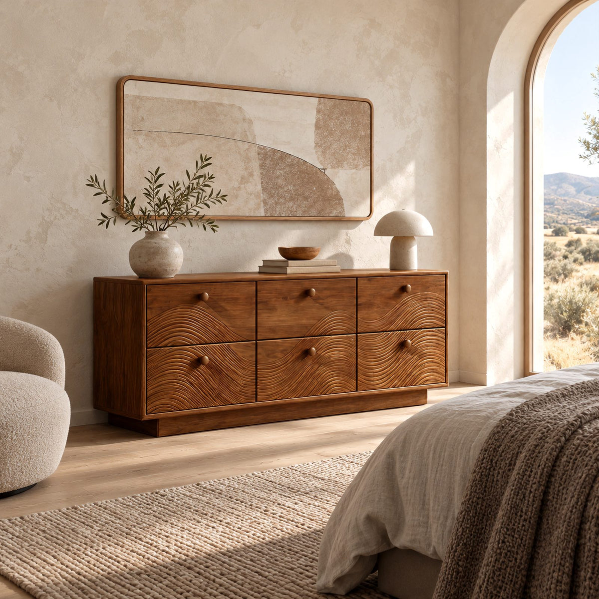 Farmhouse Solid Wood Dresser With Carved Ripple Panels For Bedroom