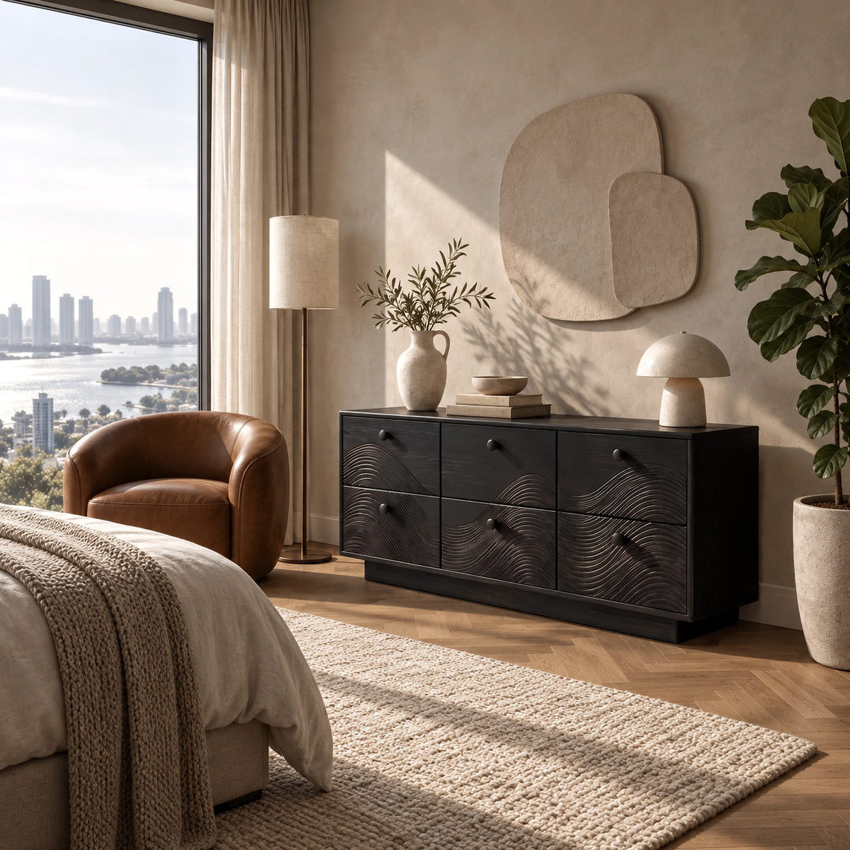 Farmhouse Solid Wood Dresser With Carved Ripple Panels For Bedroom