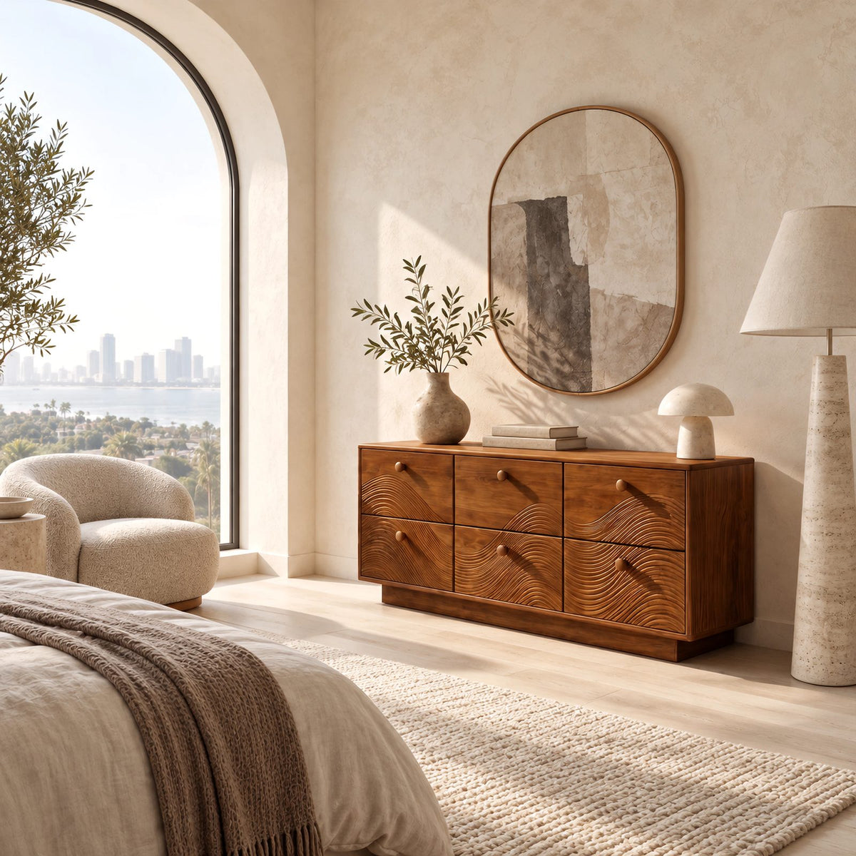 Farmhouse Solid Wood Dresser With Carved Ripple Panels For Bedroom