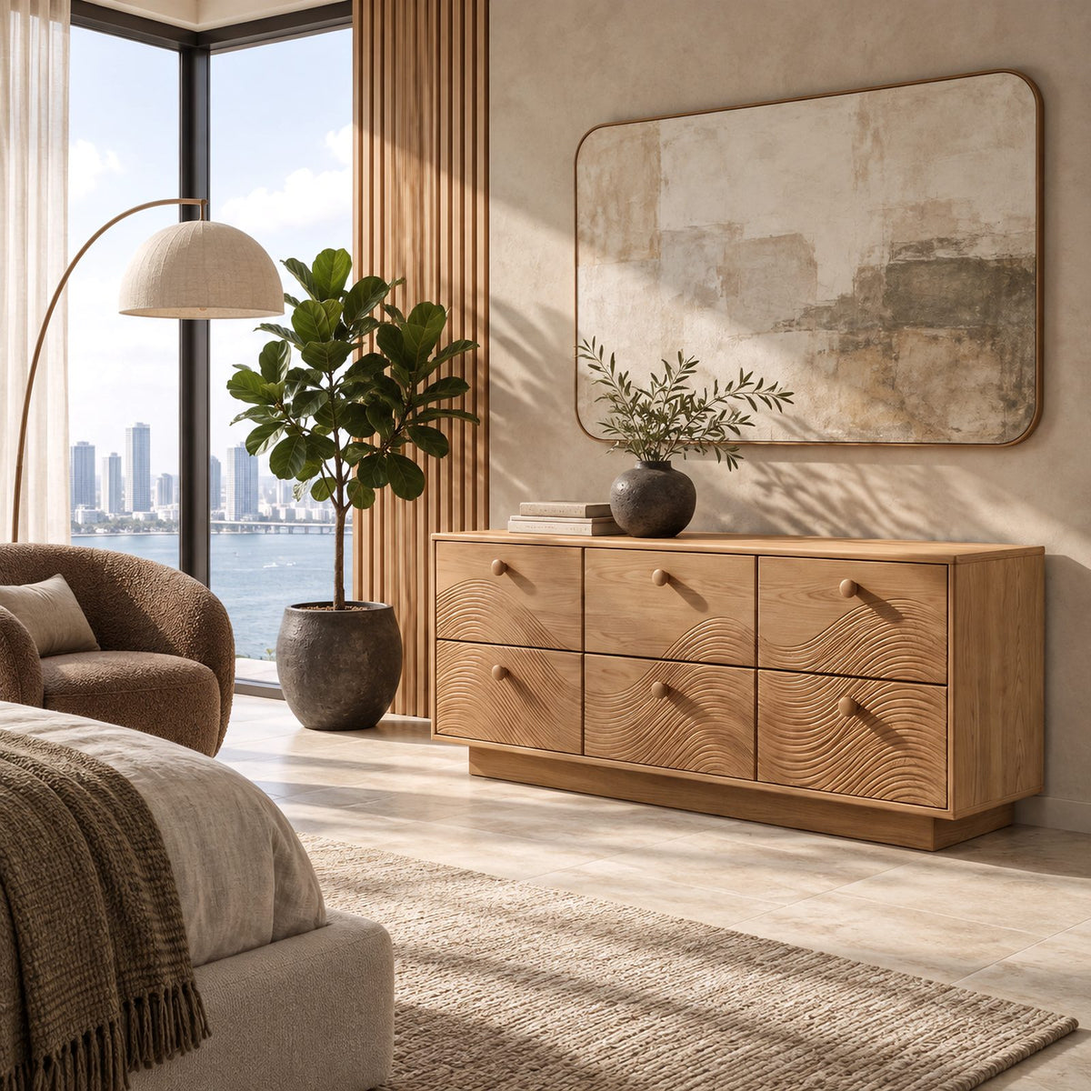 Farmhouse Solid Wood Dresser With Carved Ripple Panels For Bedroom