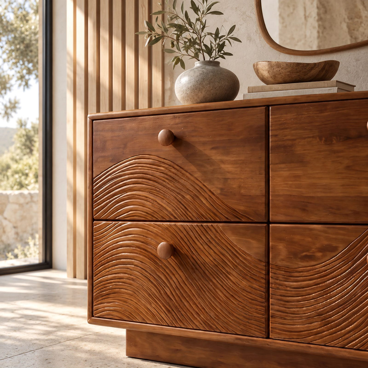 Farmhouse Solid Wood Dresser With Carved Ripple Panels For Bedroom