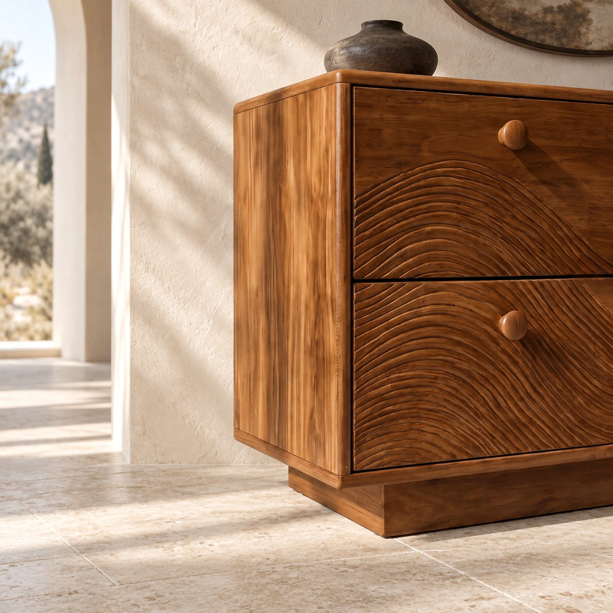 Farmhouse Solid Wood Dresser With Carved Ripple Panels For Bedroom