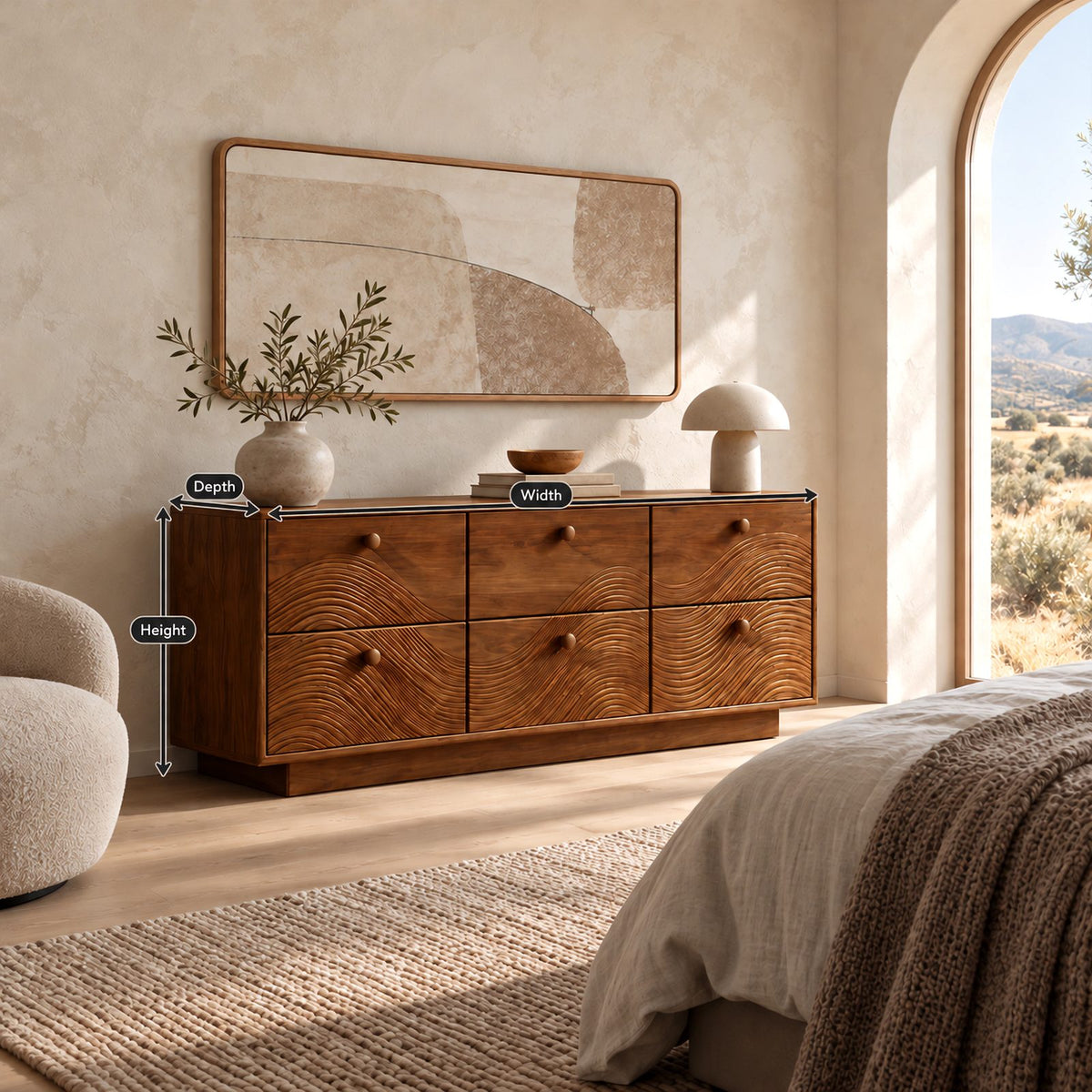 Farmhouse Solid Wood Dresser With Carved Ripple Panels For Bedroom