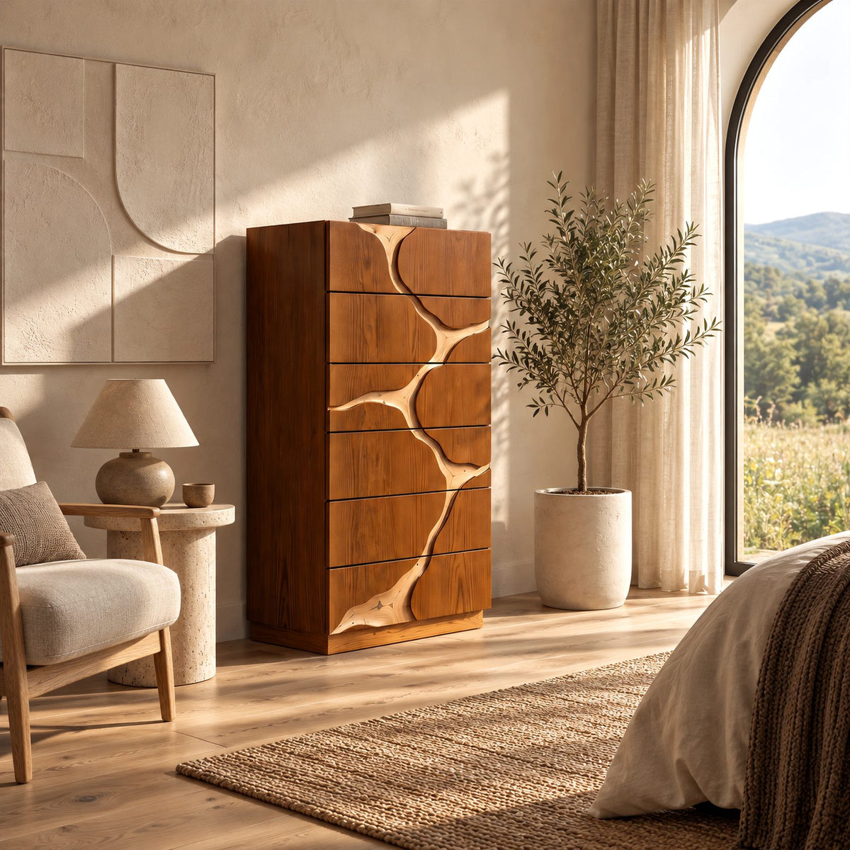 Contemporary Tall Dresser With River Carved Drawer Fronts For Bedroom
