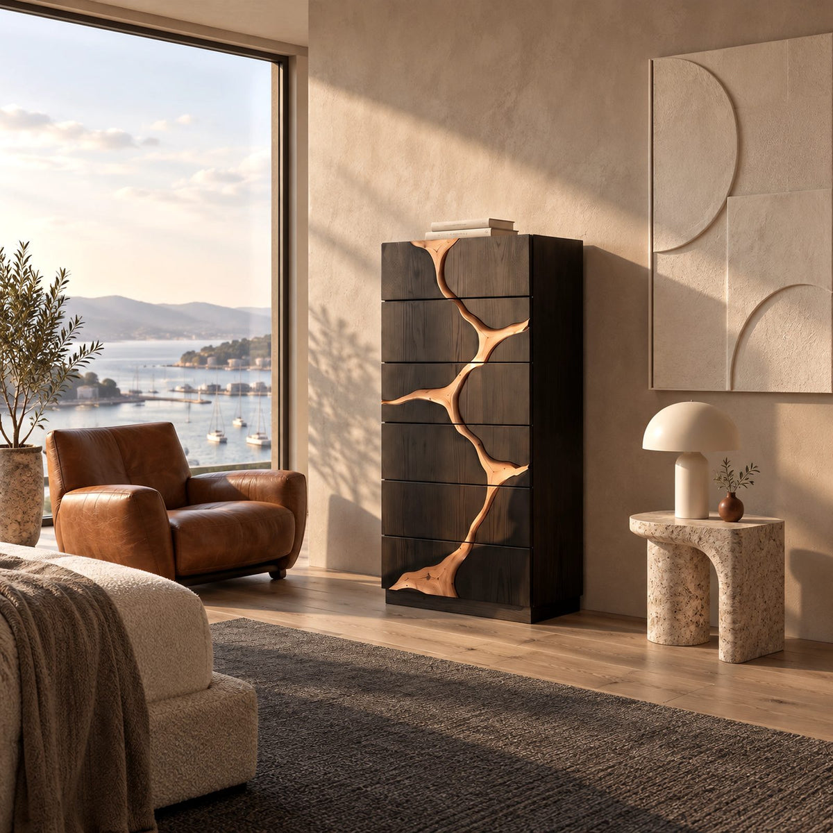 Contemporary Tall Dresser With River Carved Drawer Fronts For Bedroom