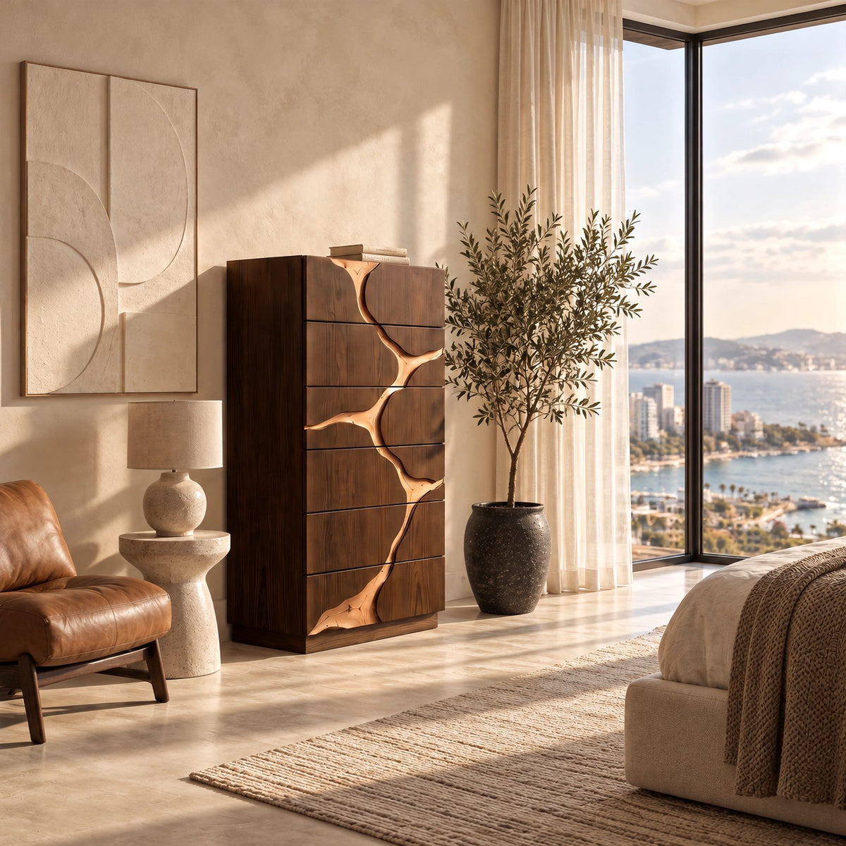 Contemporary Tall Dresser With River Carved Drawer Fronts For Bedroom