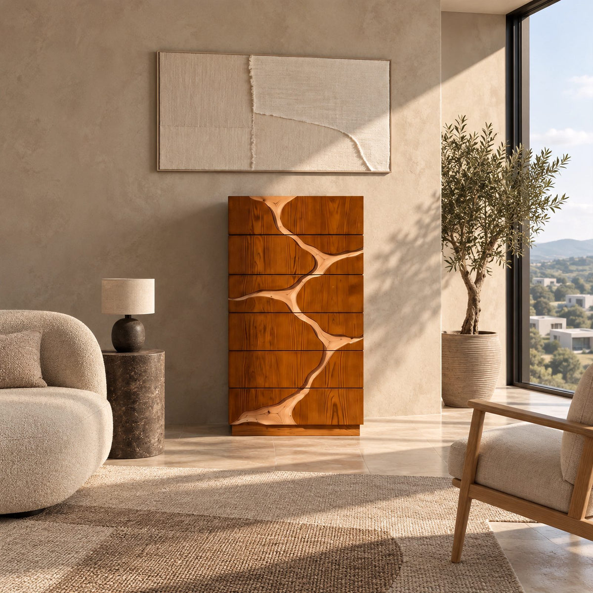 Contemporary Tall Dresser With River Carved Drawer Fronts For Bedroom
