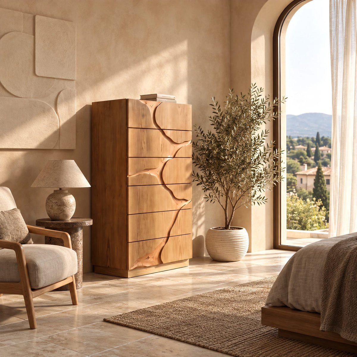 Contemporary Tall Dresser With River Carved Drawer Fronts For Bedroom