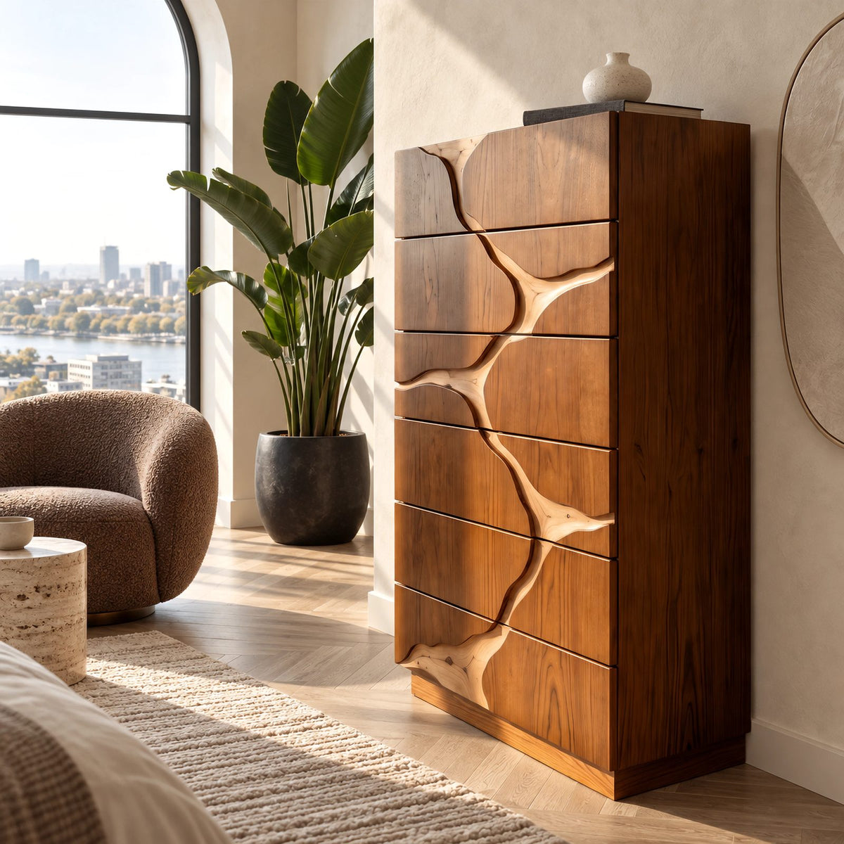 Contemporary Tall Dresser With River Carved Drawer Fronts For Bedroom
