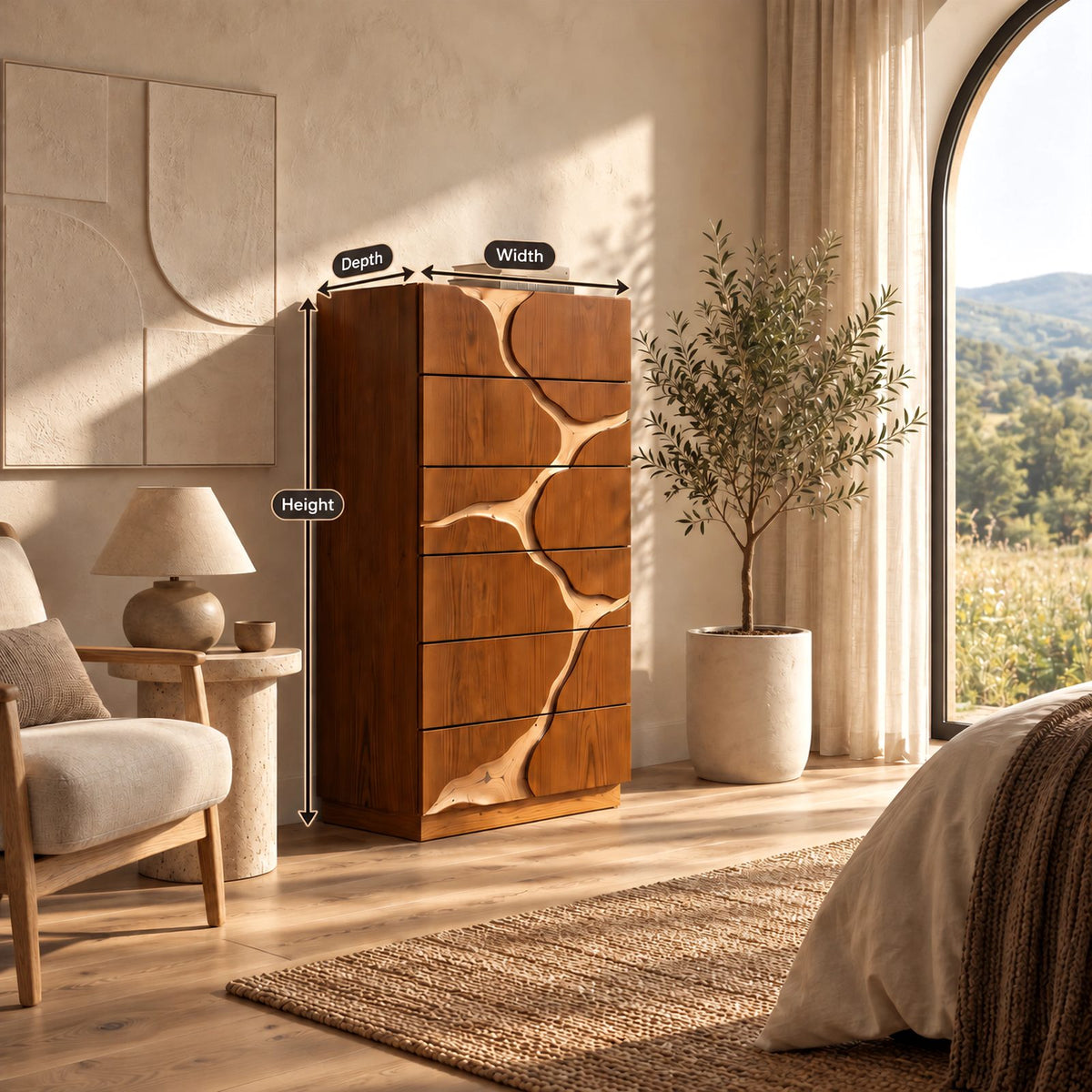 Contemporary Tall Dresser With River Carved Drawer Fronts For Bedroom