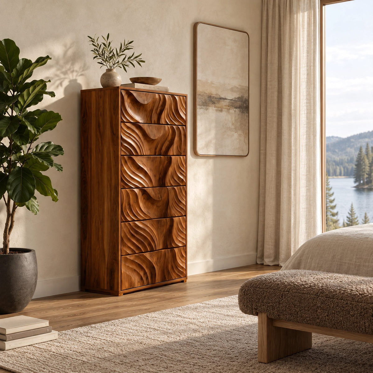 Organic Tall Chest Of Drawers With Ripple Carved Fronts For Bedroom