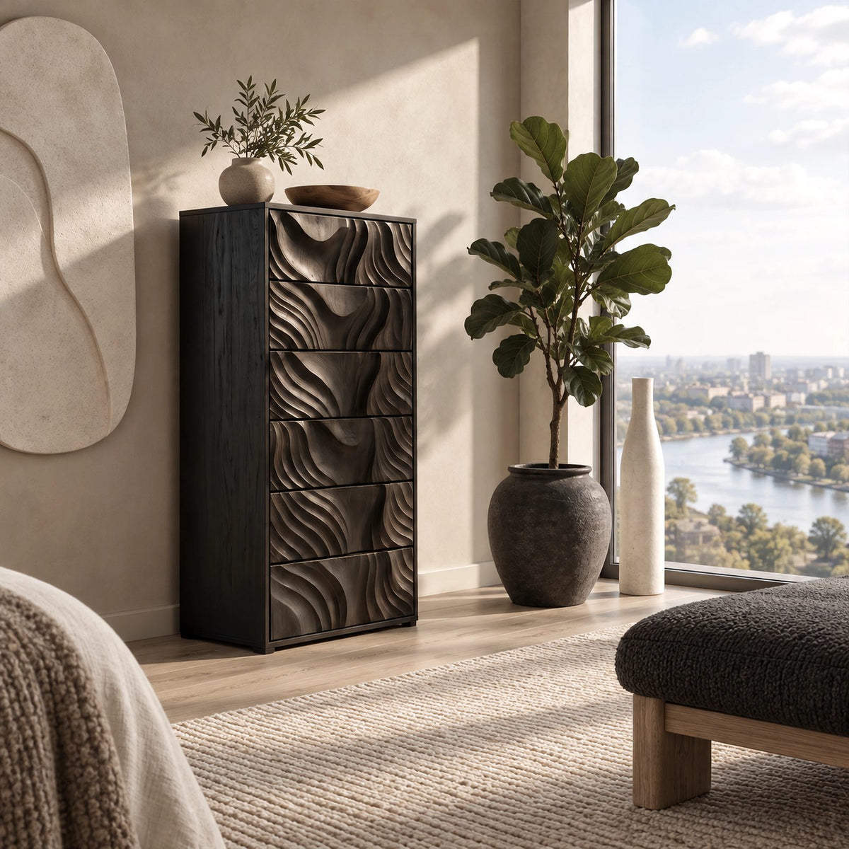 Organic Tall Chest Of Drawers With Ripple Carved Fronts For Bedroom