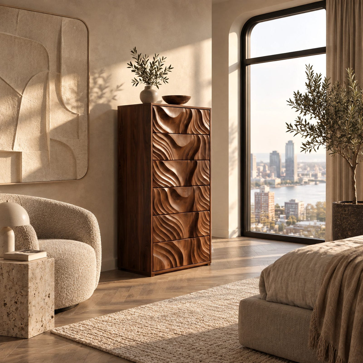 Organic Tall Chest Of Drawers With Ripple Carved Fronts For Bedroom
