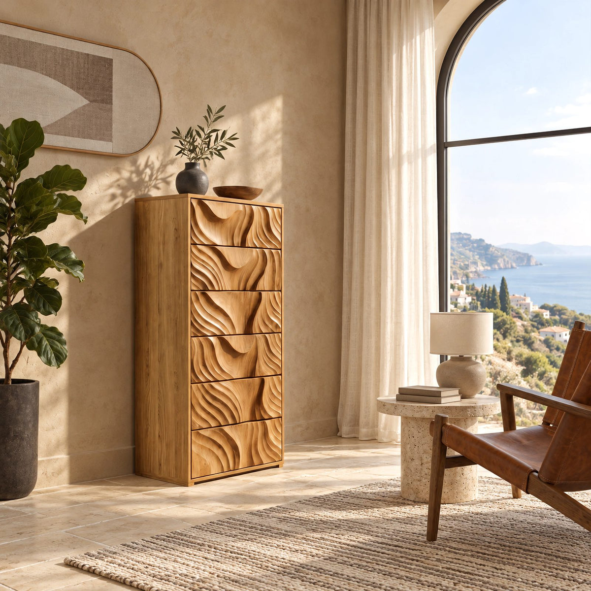 Organic Tall Chest Of Drawers With Ripple Carved Fronts For Bedroom