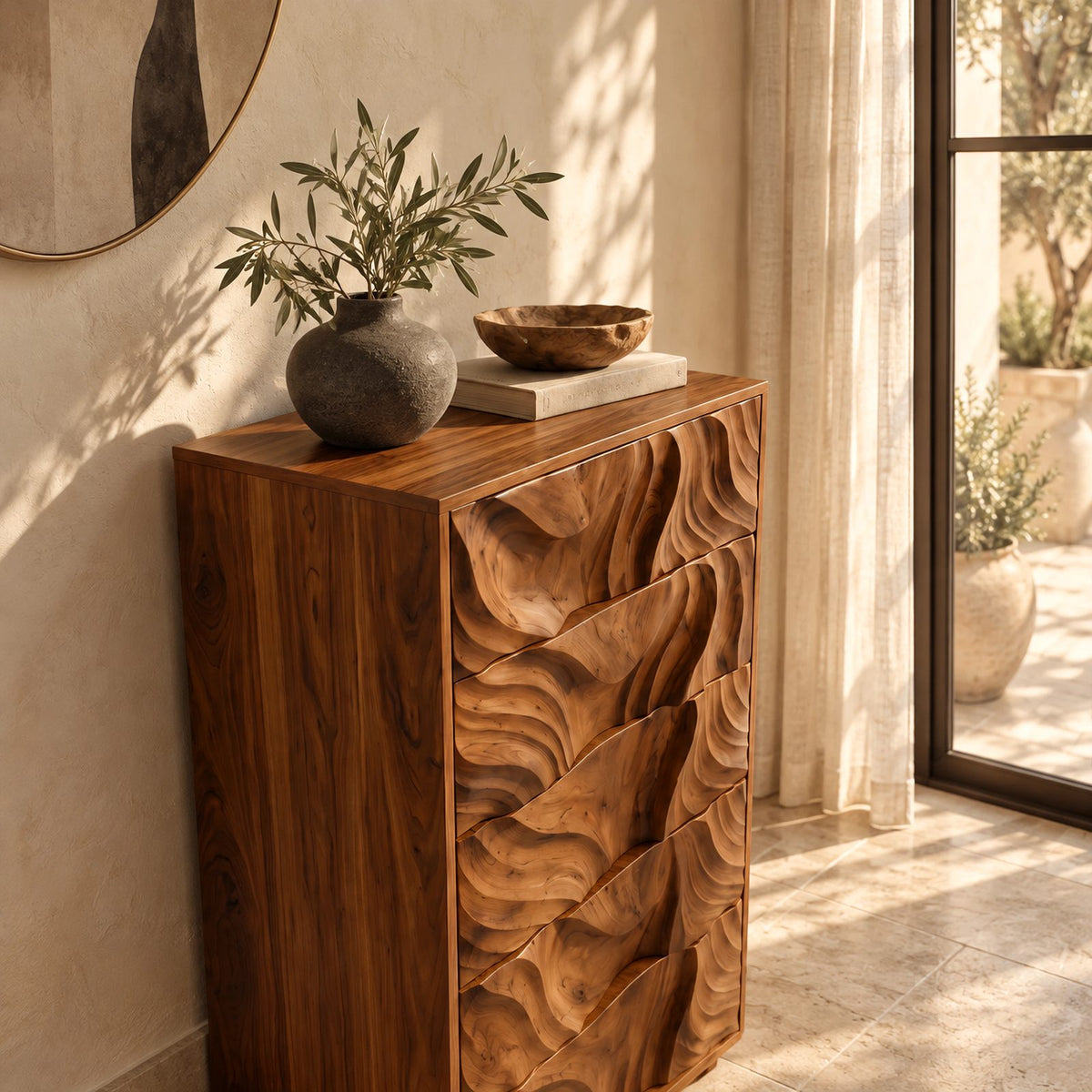 Organic Tall Chest Of Drawers With Ripple Carved Fronts For Bedroom