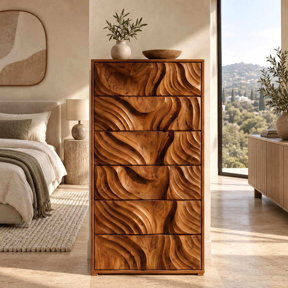 Organic Tall Chest Of Drawers With Ripple Carved Fronts For Bedroom