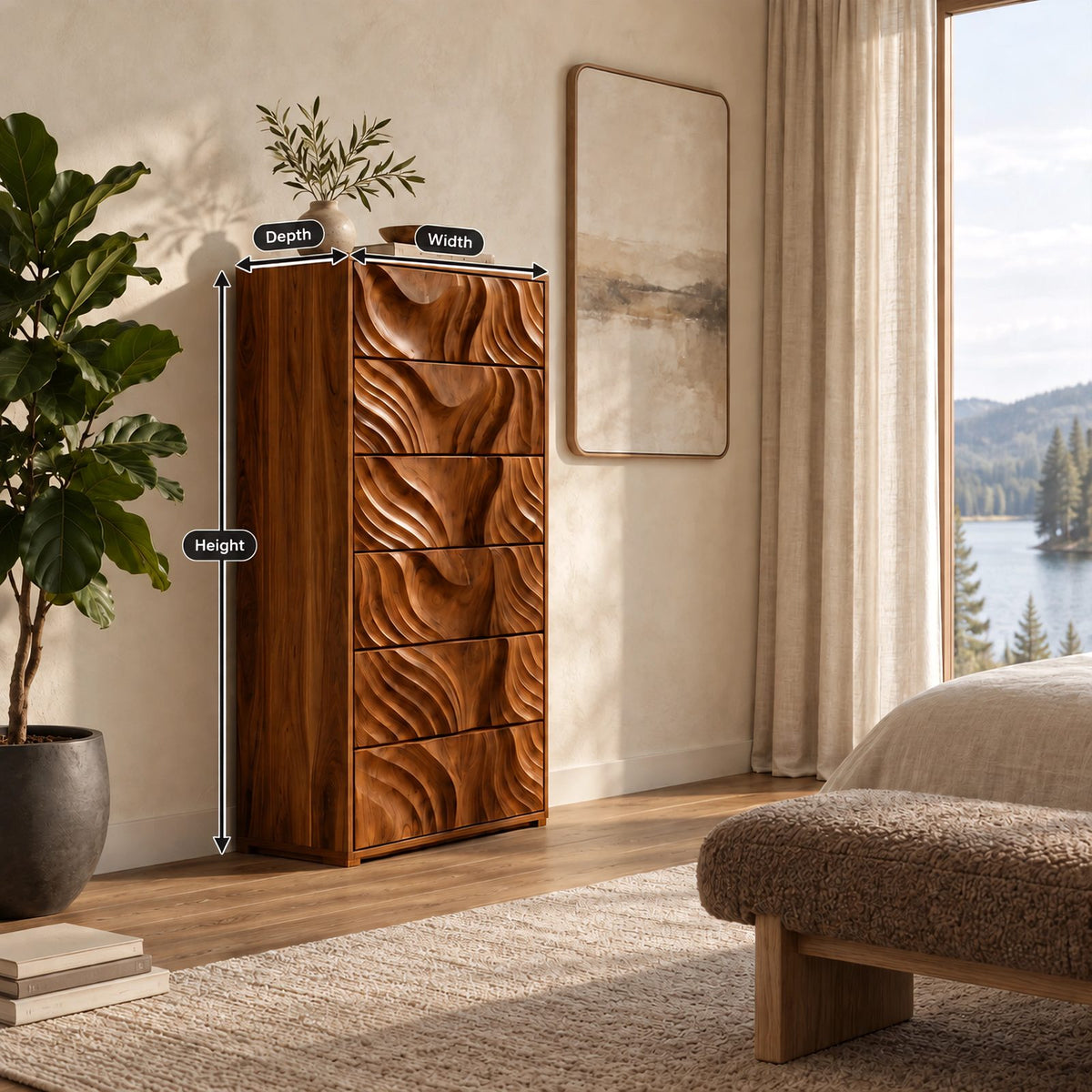Organic Tall Chest Of Drawers With Ripple Carved Fronts For Bedroom