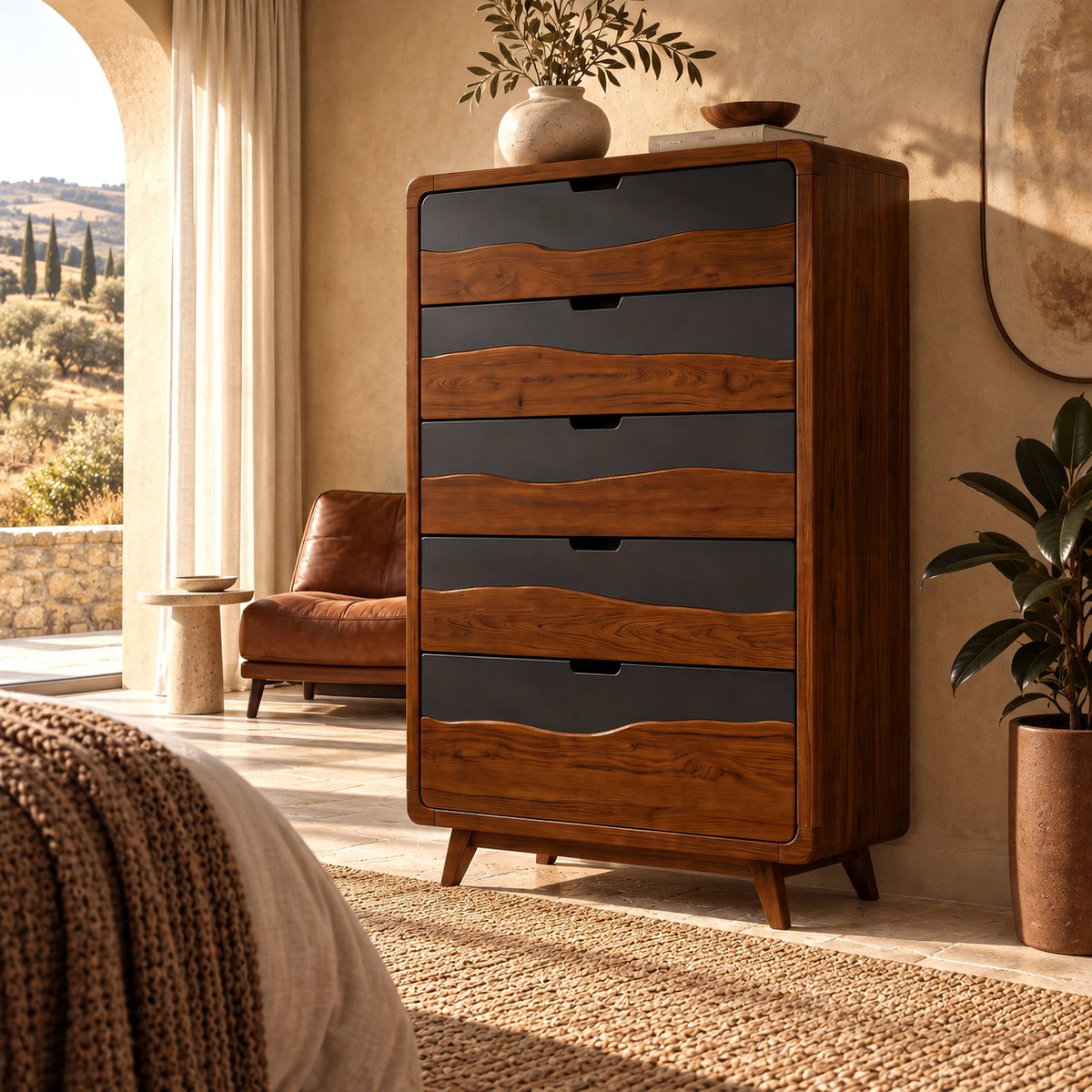 Mid Century Tall 5 Drawer Dresser With Two Tone Wave Fronts For Bedroom