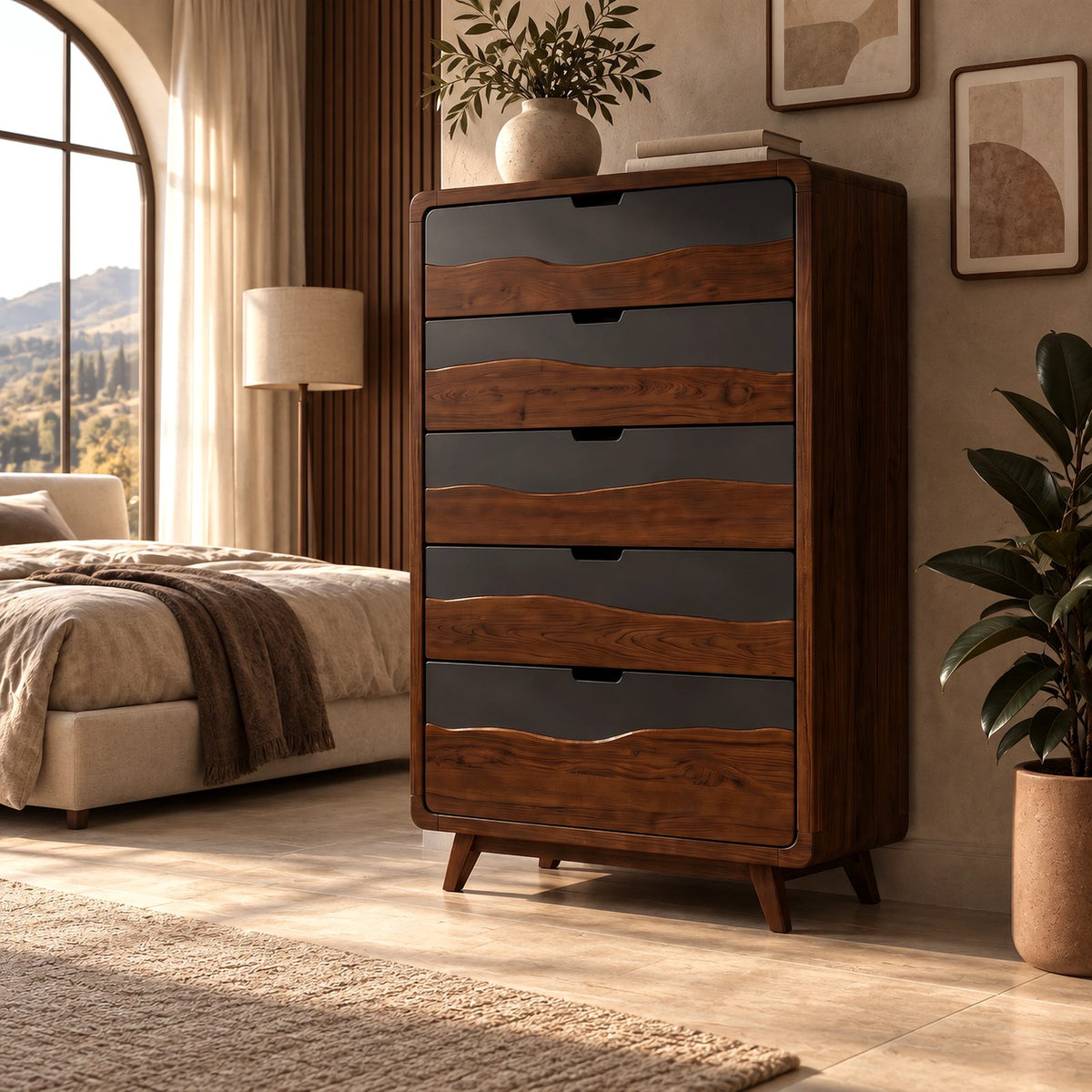 Mid Century Tall 5 Drawer Dresser With Two Tone Wave Fronts For Bedroom
