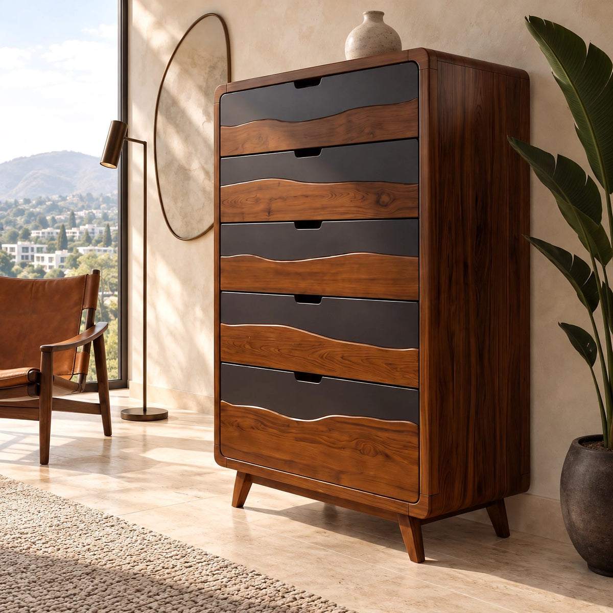Mid Century Tall 5 Drawer Dresser With Two Tone Wave Fronts For Bedroom