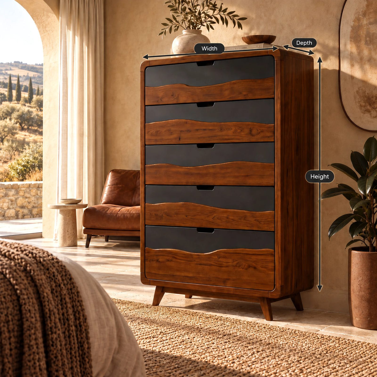 Mid Century Tall 5 Drawer Dresser With Two Tone Wave Fronts For Bedroom