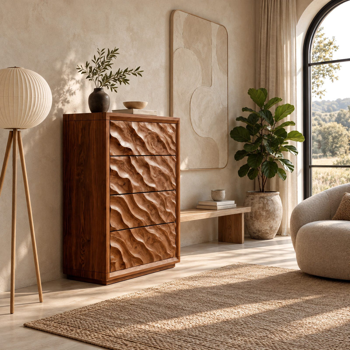 Scandinavian Tall Wooden Dresser With Wave Carved Drawers For Bedroom