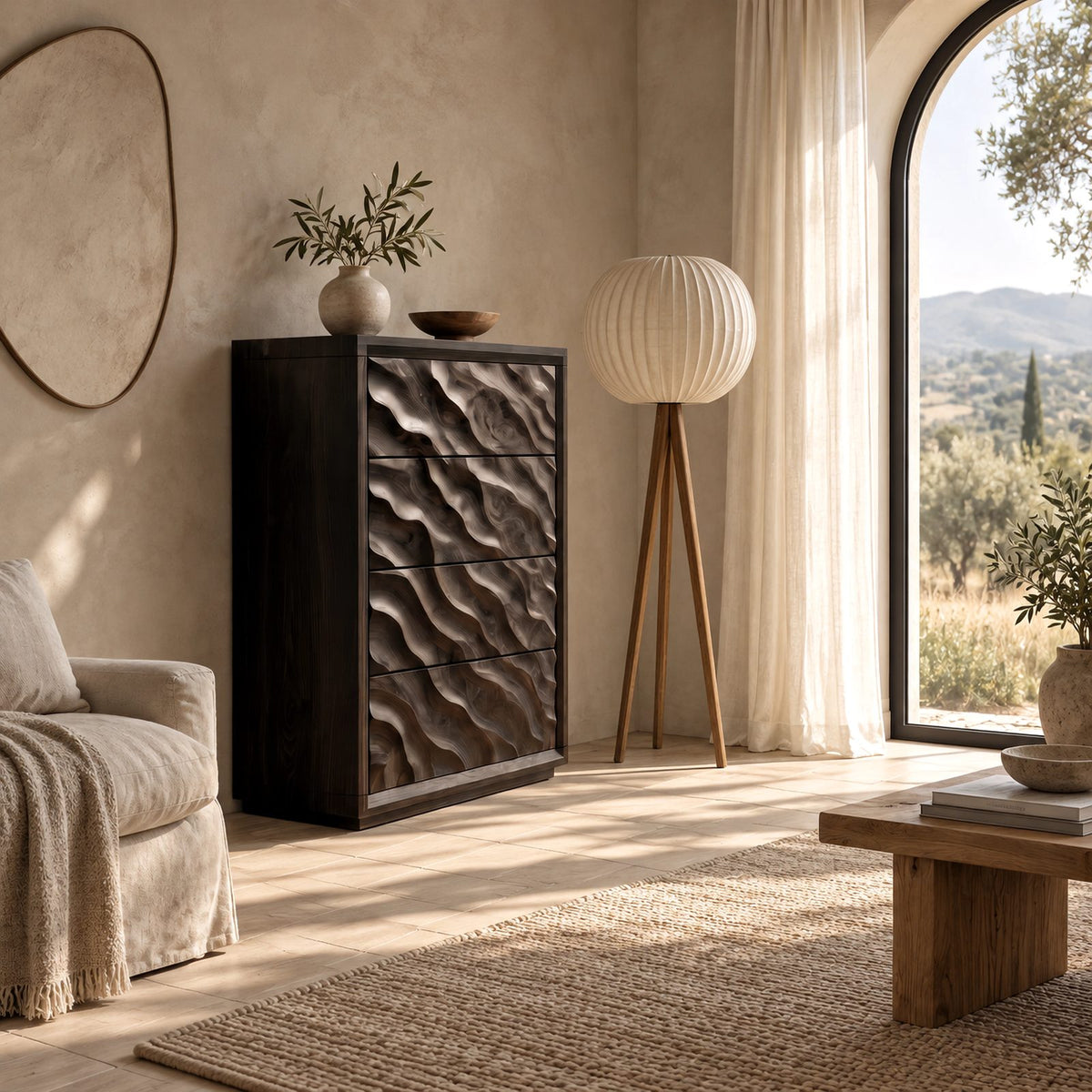 Scandinavian Tall Wooden Dresser With Wave Carved Drawers For Bedroom